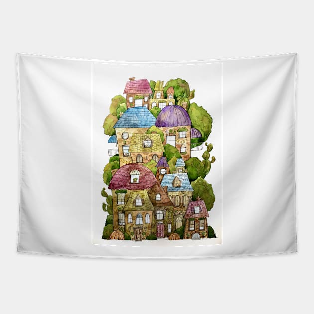 Whimsical Houses Tapestry by amyliafaizalart