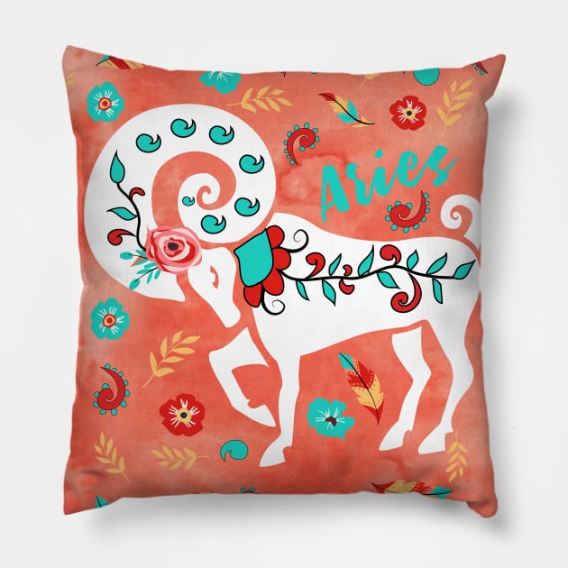 Boho Zodiac Sign- Aries Astrology Watercolor Illustration Pillow by Winkeltriple