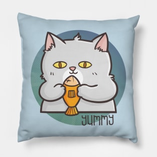 Funny Cute Fat Cat Holding a Fish Pillow