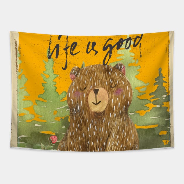 Bear Enjoying Nature As Life Is Good Tapestry by Natifa