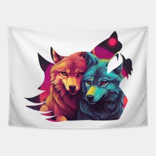 HOWLING LOVE WOLVES SNUGGLING RETROWAVE WOLVE SILHOUETTE Tapestry