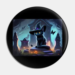 A little black witch cat on Halloween night Pin