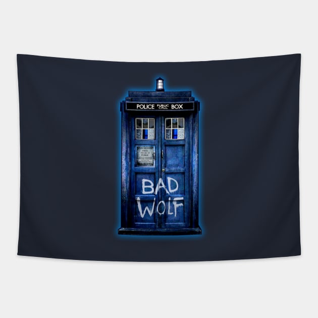 Blue Phone booth with Bad wolf grafitti Tapestry by Dezigner007