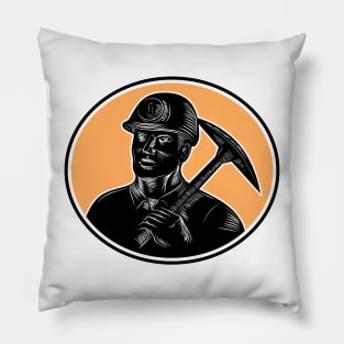 Coal Miner Carry Pick Axe Woodcut Pillow