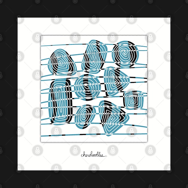 Lines and Swirls Making Visual Music, Black, Blue and White Illustration by cherdoodles