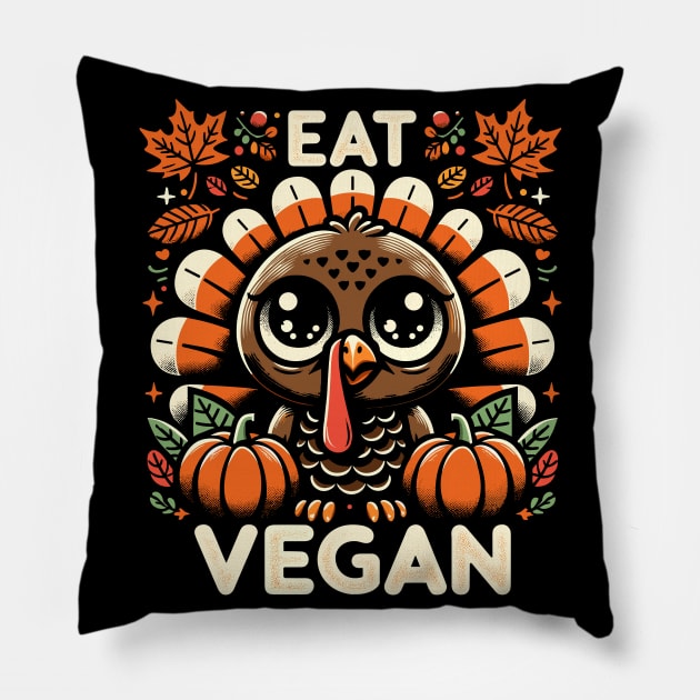 Whimsical Thanksgiving Turkey - Eat Vegan Pillow by Indigo Lake