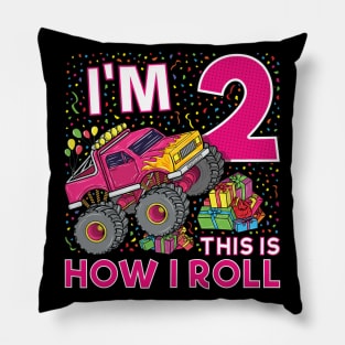 2nd Birthday Monster Truck Party Gift 2 Year Old Girl Pillow