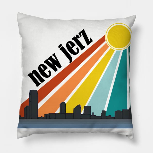 New Jerz Fun New Jersey Skyline and Retro Sunset Pillow by RKP'sTees