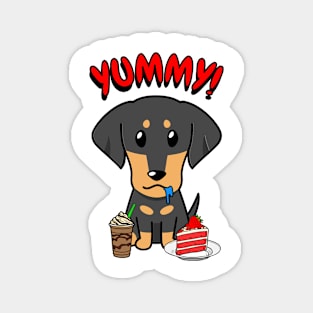 Cute dachshund dog is having coffee and cake Magnet