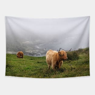 Highland cows on the misty coast of Islay, Scotland Tapestry