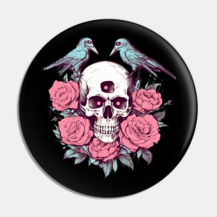 Birds with Roses and Skull Pin