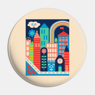 CITY KIDS Cityscape Cute Kawaii Cloud Buildings Rainbow Flower and Hidden Bear Face - UnBlink Studio by Jackie Tahara Pin