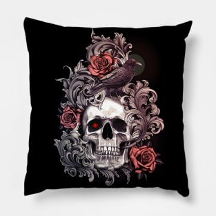 Skull Crow with Roses and Filigree Pillow