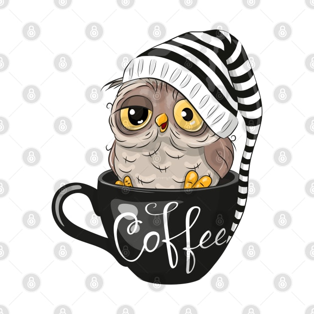 A cute sleepy owl with a nightcap sits in a cup labeled coffee by Reginast777