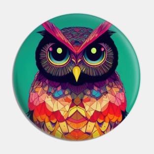 Colorful Owl Portrait Illustration - Bright Vibrant Colors Kawaii Bohemian Style Feathers Psychedelic Bird Animal Rainbow Colored Art Pin