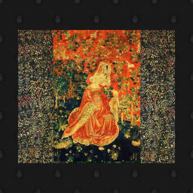LADY WITH HAWK AMONG FLOWERS AND OAK LEAVES ,HARES, Orange Green Floral by BulganLumini