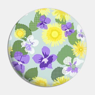 Cross-stitch Dandelions and Violets on Soft Grey Green Horizontal Pin