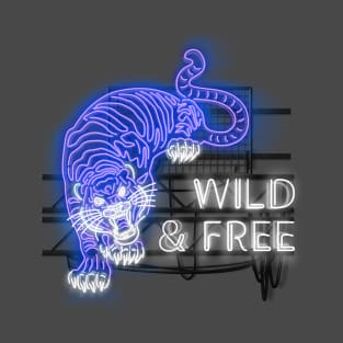 Wild & Free - Blue Neon Tiger and Text T-Shirt