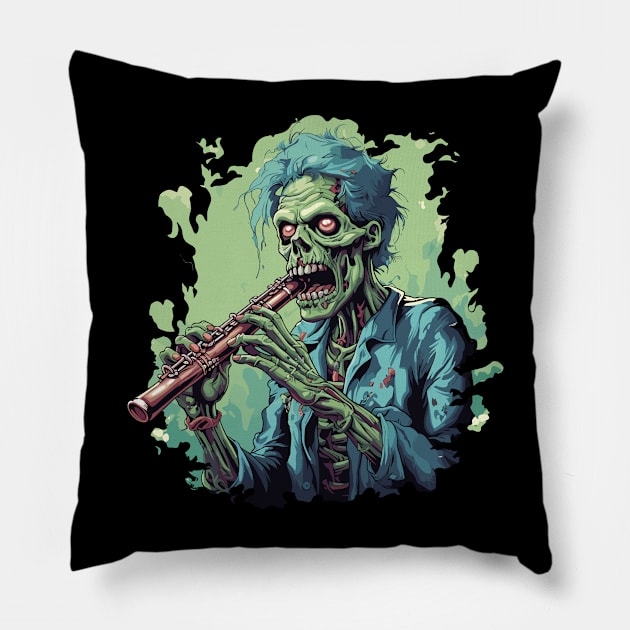 Zombie Playing On Flute - Halloween Design Pillow by PaulJus