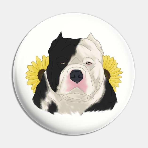 Black Pied American Bully with Sunflowers Pin by TrapperWeasel