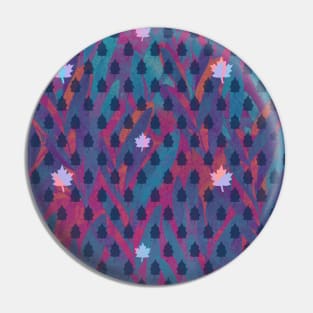 Icy Maple leaves and tiny trees on a faded denim blue and magenta leaf background Pin