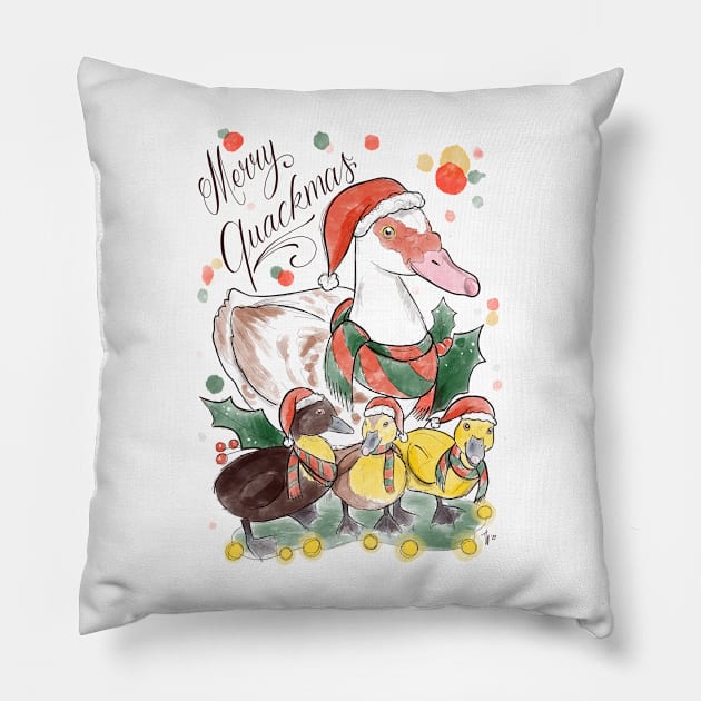 Merry quackmas Pillow by Jurassic Ink