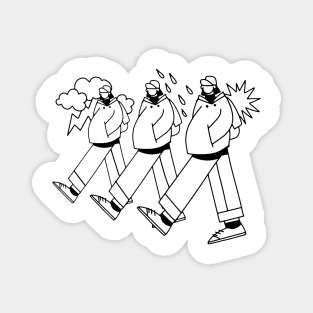 Three men walking together in varying moods Magnet