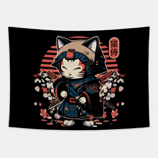 Samurai Cat Tattoo, Kawaii Ninja Cat Tapestry