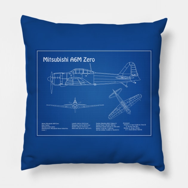 Mitsubishi A6M Zero Airplane Blueprint - AD Pillow by SPJE Illustration Photography