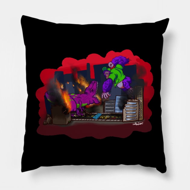 Battle of the Purple Kaiju Pillow by KloudKat