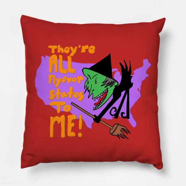 “They’re ALL Flyover States to ME!” Witch Cartoon Political Halloween Humor Pillow by KennethJoyner