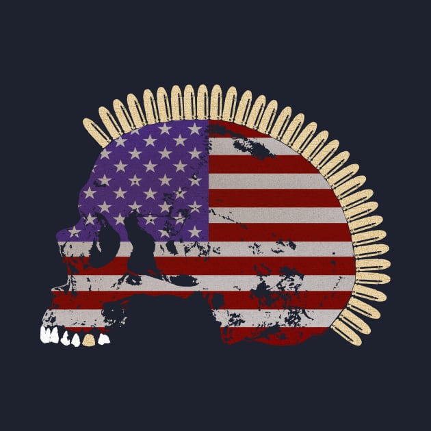 Skull with Mohawk of Bullets in Vintage American Flag Pattern by RawSunArt