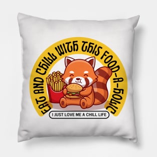 Hungry Red Panda Bear Foodaholic Eating Fries and Burger Pillow