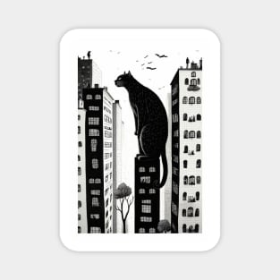 Big City Cat Looking into Peoples Windows Black and White Illustration Magnet