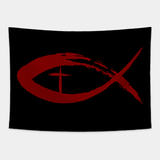 Painted Cross and Fish Christian Design - Red Tapestry