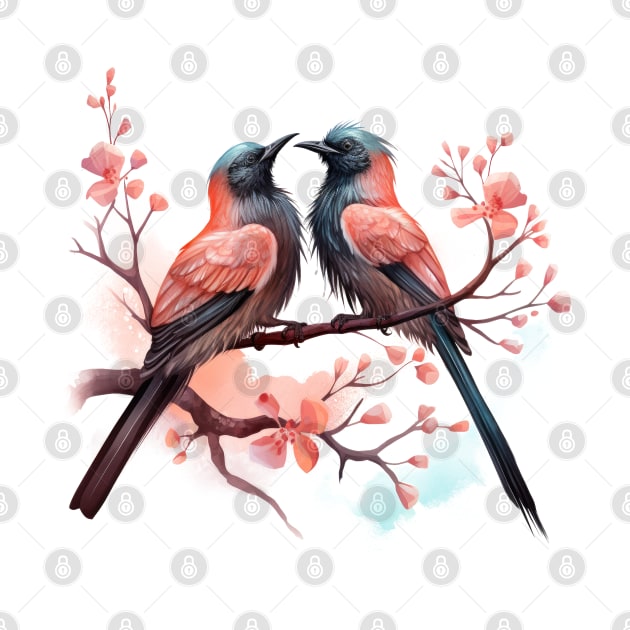 Valentine Kissing Greater Coucal Bird Couple by Chromatic Fusion Studio