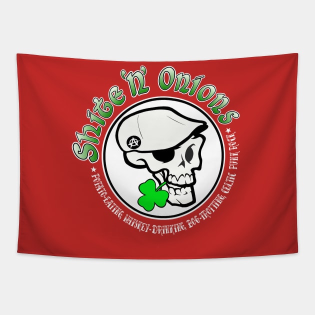 Shite 'n' Onions (White Print) Tapestry by Tip-Tops