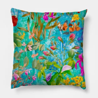 Cool tropical floral leaves botanical illustration, tropical plants,leaves and flowers, blue aqua leaves pattern Pillow