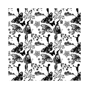 Sketch Butterflies and Flowers Black and White Pattern T-Shirt