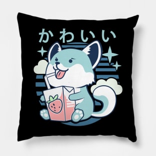 Kawaii Aesthetics Japanese Strawberry Milk Shake かわいい Fox - Blue - Strawberry Milk Pillow