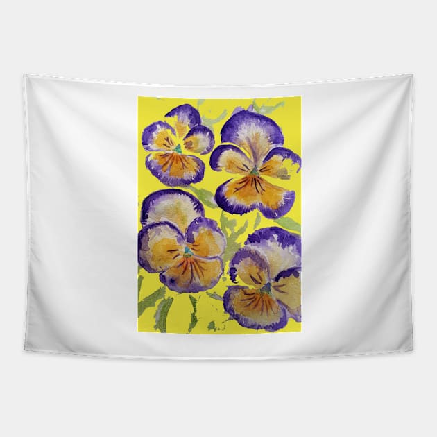 Viola Watercolor Purple Floral Pattern on Yellow Tapestry by SarahRajkotwala