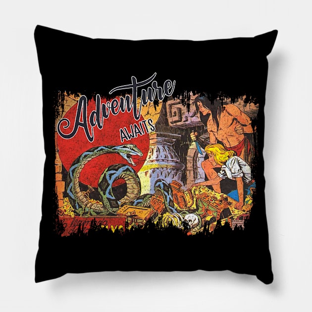 Adventure Awaits Vintage Worn Tee Pillow by Joaddo