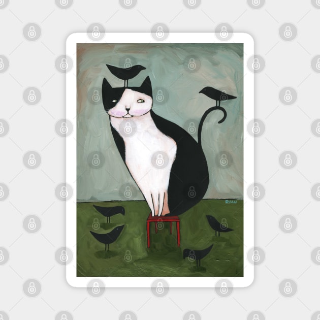 Tuxedo Cat and Crow Friends Magnet by KilkennyCat Art
