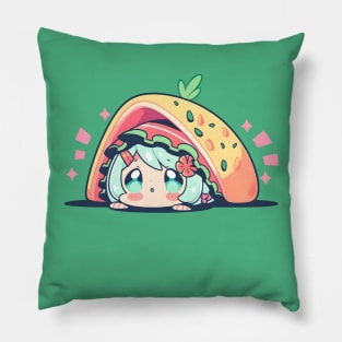 Chibi Anime Taco Girl With Green Blue Hair Pillow