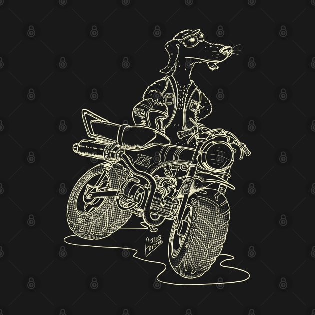 Daxhund and his motorcycle, dark shirts no background. by Andres7B9