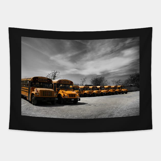 School buses waiting in a parking lot in Brooklyn, New York City Tapestry by Reinvention