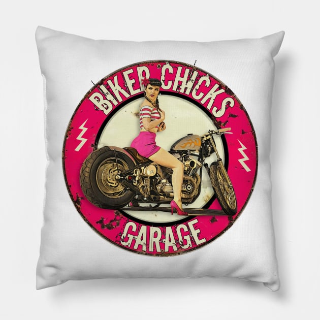 Biker Chicks Garage - Sexy Woman on Motorcycle Pillow by Wilcox PhotoArt