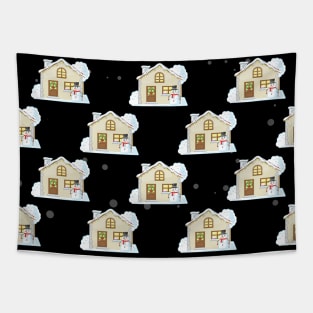 Christmas House Pattern - Black Background Tapestry