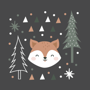 Cute Fox in the Forest Green and Grey T-Shirt