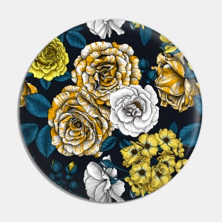 Yellow, white and bi-color roses with blue leaves on black Pin